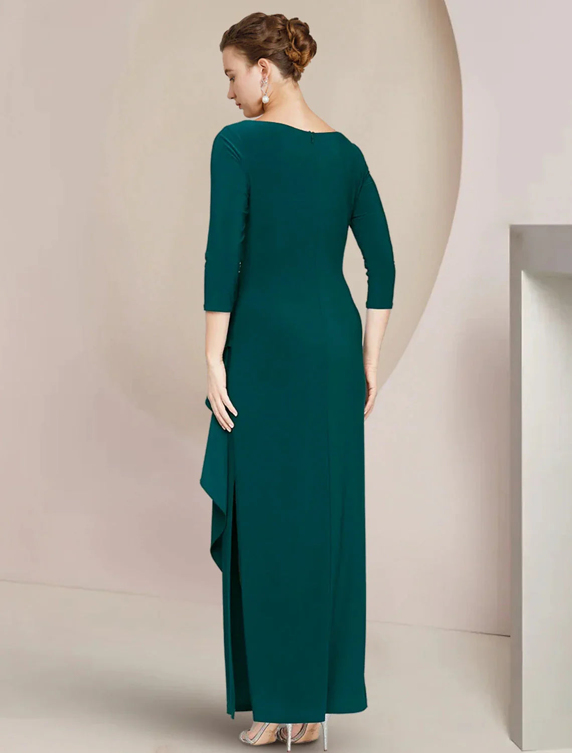 Sheath / Column Mother of the Bride Dress Wedding Guest Elegant Scoop Neck Ankle Length Stretch Chiffon 3/4 Length Sleeve with Crystals Ruffles Split Front