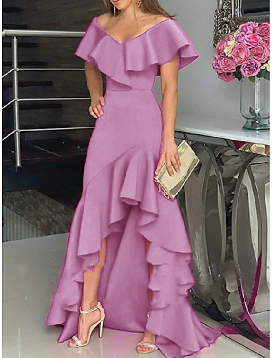 A-Line Evening Gown Minimalist Dress Wedding Guest Homecoming Asymmetrical Sleeveless Off Shoulder  Satin with Ruffles Slit