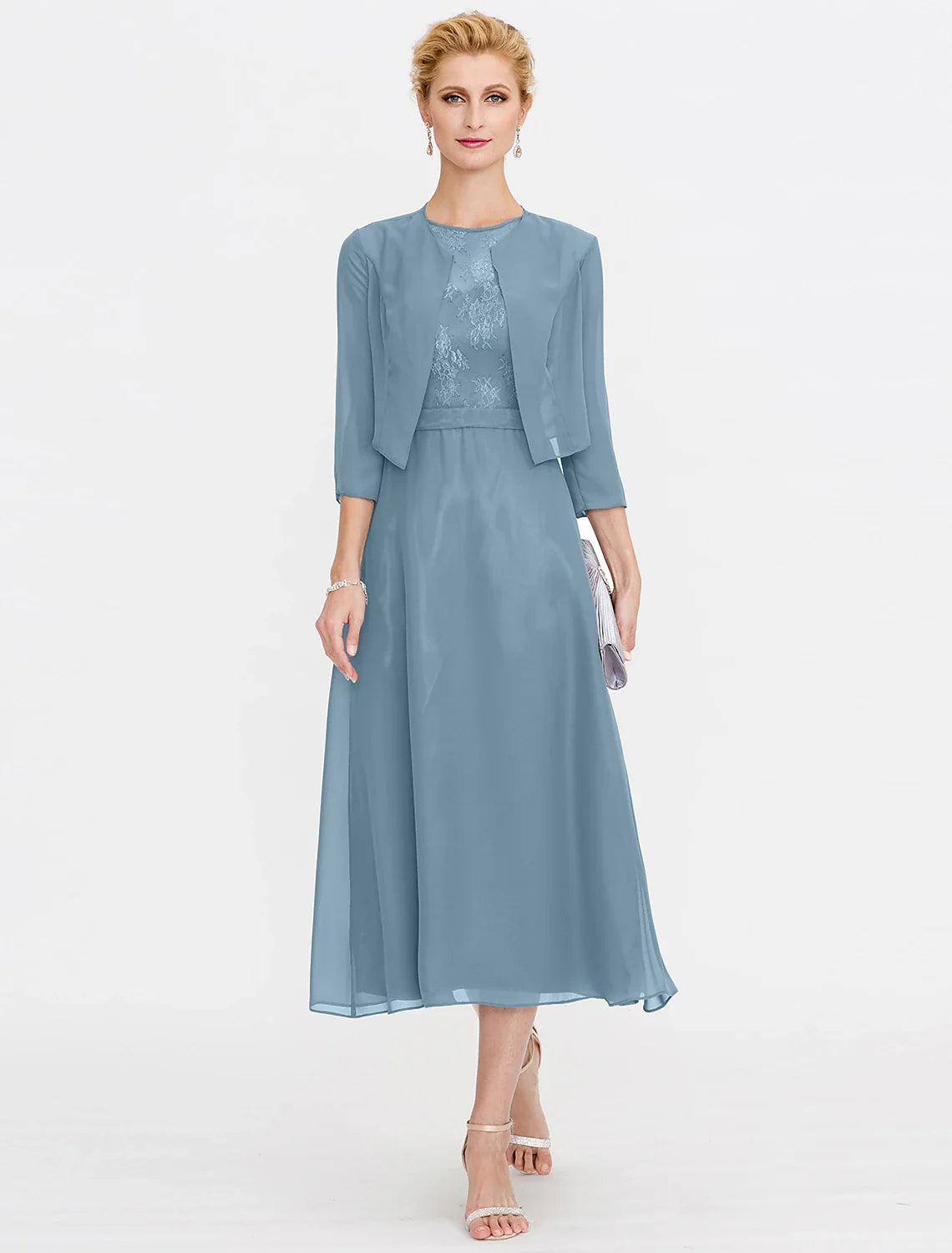 Aimishang A-Line Mother of the Bride Dress Fall Wedding Guest Dresses Plus Size Elegant Illusion Neck Tea Length Chiffon Corded Lace Sleeveless Wrap Included with Lace Pleats
