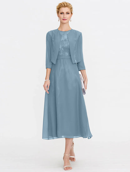 Aimishang A-Line Mother of the Bride Dress Fall Wedding Guest Dresses Plus Size Elegant Illusion Neck Tea Length Chiffon Corded Lace Sleeveless Wrap Included with Lace Pleats