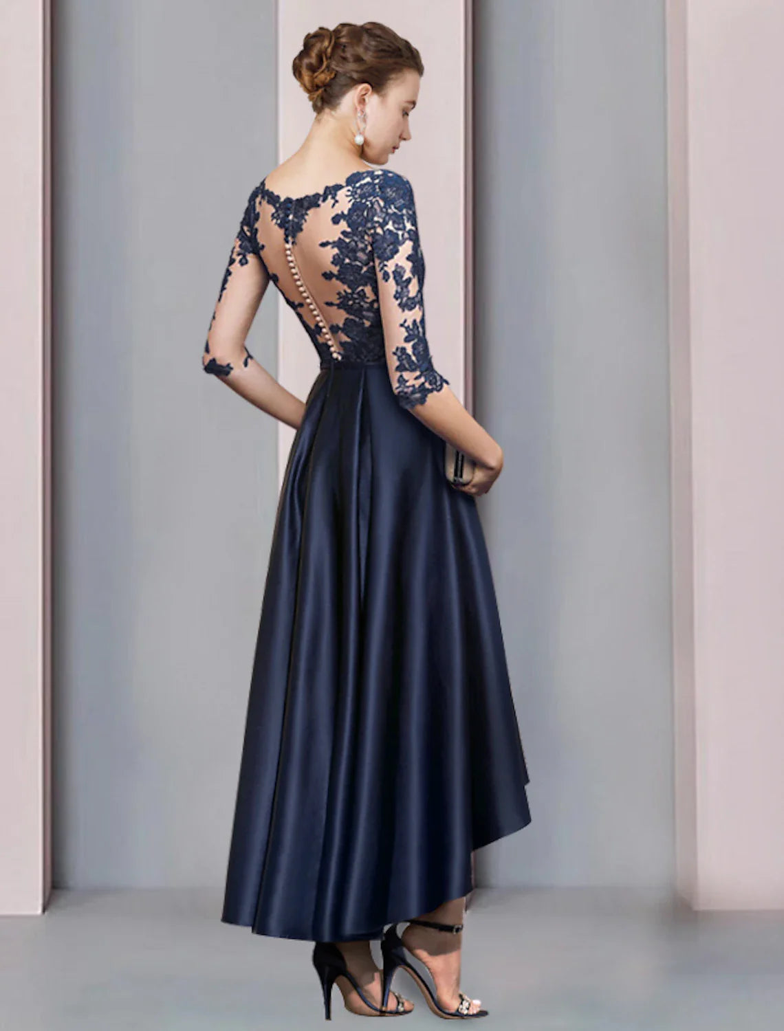 Aimishang A-Line Mother of the Bride Dress Wedding Guest Vintage Sexy V Neck Asymmetrical Satin Lace Half Sleeve with Pleats