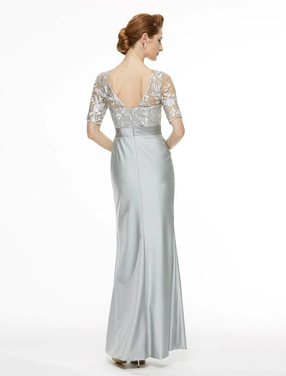 Sheath / Column Bateau Neck Ankle Length Lace / Jersey Mother of the Bride Dress with Lace / Pleats