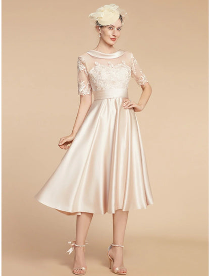 Aimishang  A-Line Mother of the Bride Dress Wedding Guest Elegant Petite Scoop Neck Knee Length Satin Lace Half Sleeve with Appliques Ruching Solid Color