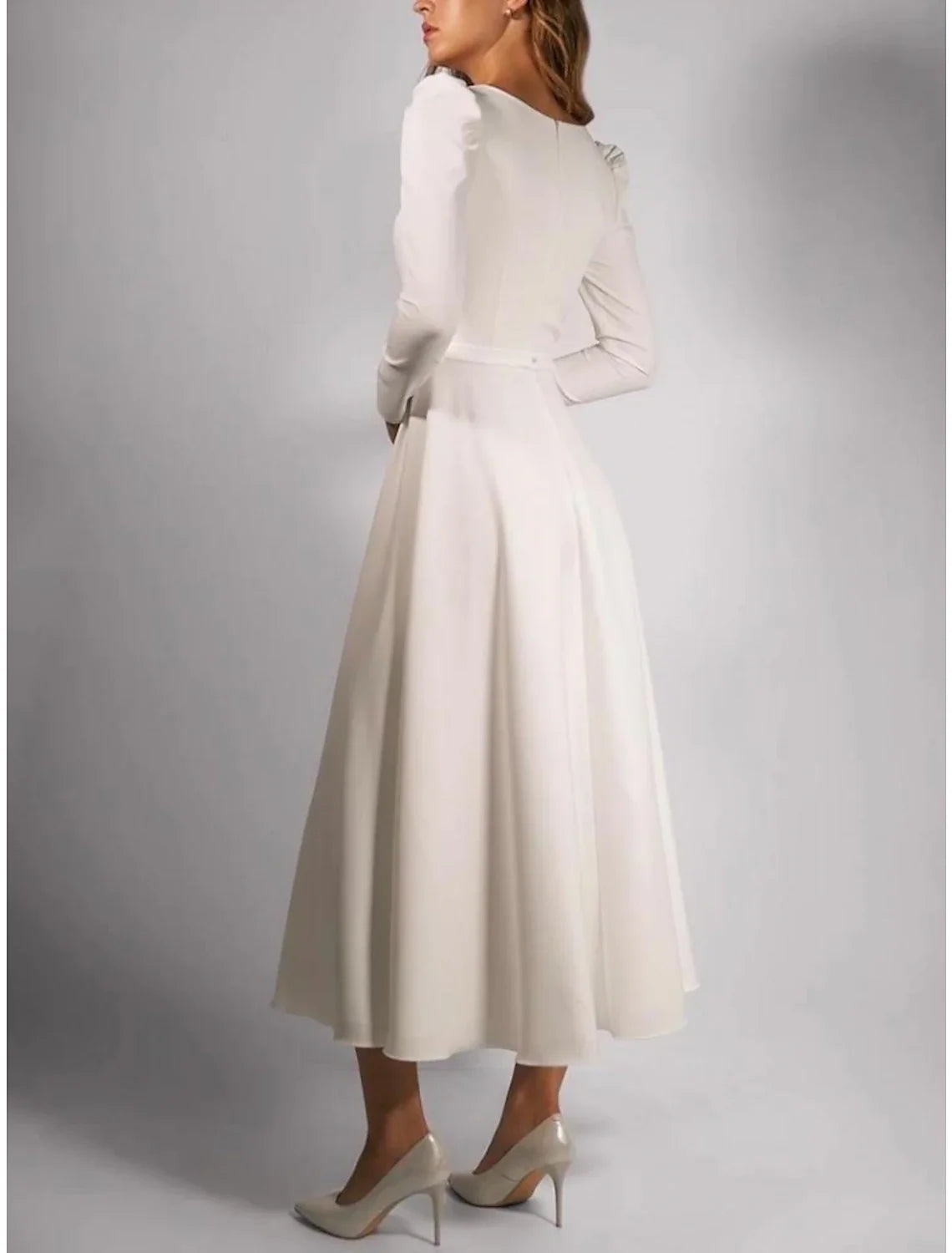 Aimishang Simple Wedding Dresses A-Line Square Neck Long Sleeve Tea Length Stretch Fabric Bridal Gowns With Pleats Solid Color