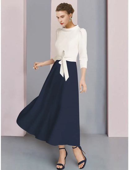 Aimishang  A-Line Mother of the Bride Dress Wedding Guest Elegant Scoop Neck Ankle Length Stretch Fabric 3/4 Length Sleeve with Bow(s) Ruching