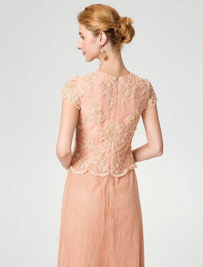 Aimishang Sheath / Column Mother of the Bride Dress Formal Vintage Inspired Jewel Neck Ankle Length Chiffon Beaded Lace Short Sleeve No with Lace Beading