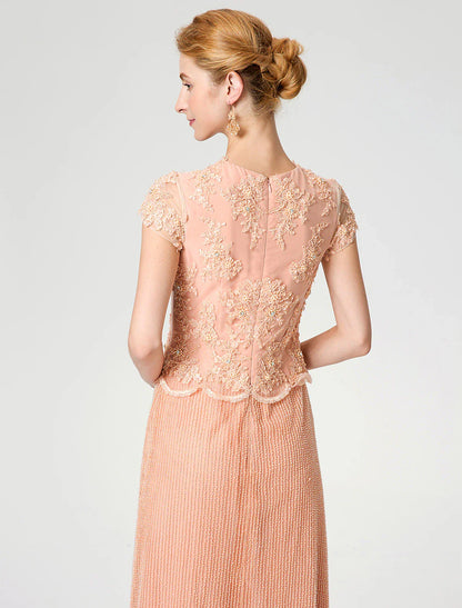 Aimishang  Sheath / Column Mother of the Bride Dress Formal Vintage Inspired Jewel Neck Ankle Length Chiffon Beaded Lace Short Sleeve No with Lace Beading