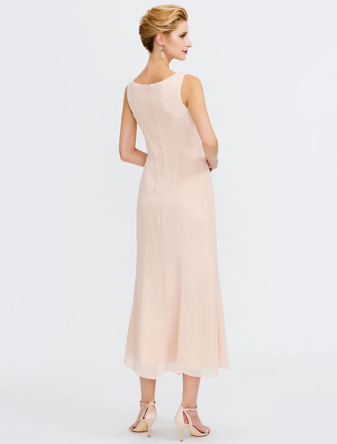 Aimishang  Two Piece Sheath / Column Mother of the Bride Dress Wedding Guest Plus Size Elegant with Jacket Long Sleeve Scoop Neck Tea Length Chiffon Sash / Ribbon Pleats Beadin