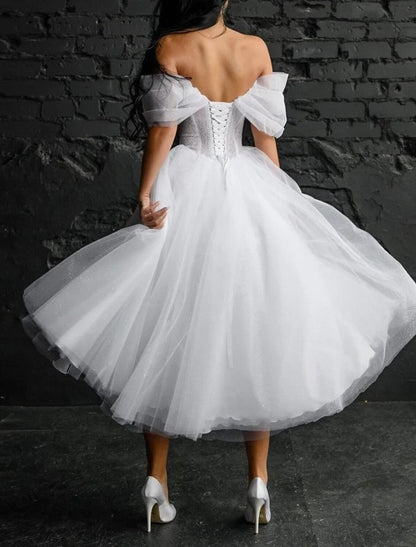 Aimishang Bridal Shower Simple Wedding Dresses Wedding Dresses A-Line Scoop Neck Sleeveless Tea Length Satin Bridal Gowns With Solid Color