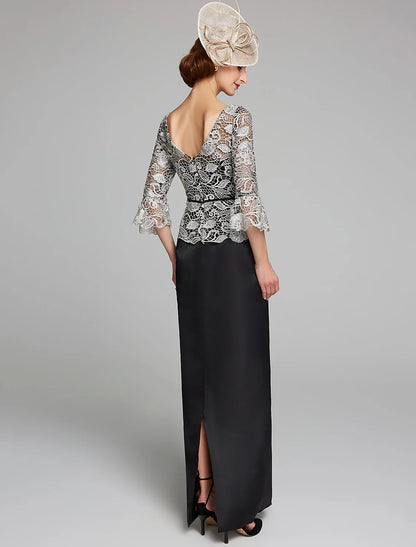 Aimishang Sheath / Column Mother of the Bride Dress Jewel Neck Floor Length Satin Lace 3/4 Length Sleeve with Lace