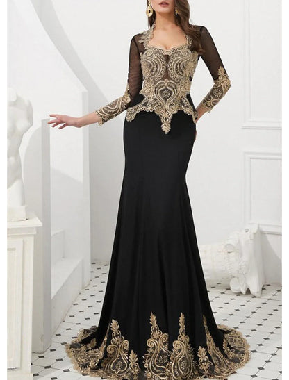 Aimishang Mermaid Black Dress Evening Gown Black Dress Vintage Halloween Engagement Court Train Long Sleeve High Neck Wednesday Addams Family Satin with Appliques