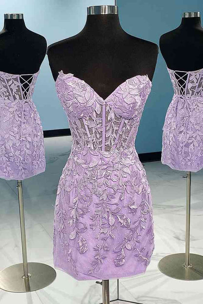 Lace Appliques Strapless Lace-Up Sleeveless Mini Homecoming Dress