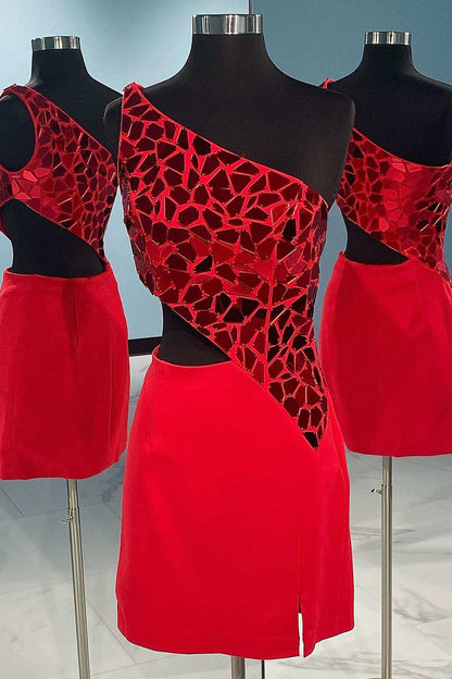 One-Shoulder Red Cut Glass Mirror Cutout Mini Cocktail Dress