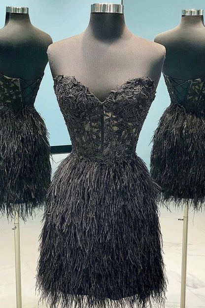 Lilac Floral Lace Feather Strapless Mini Dress