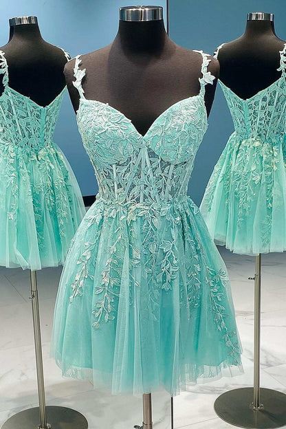 Sweet Aqua Appliques A-Line Homecoming Dress