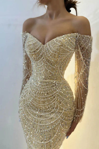Off Shoulder Long Sleeves Mermaid Prom Dress Beadings Long Evening Dress