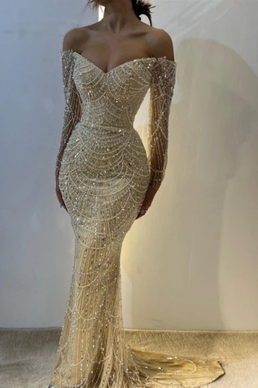 Off Shoulder Long Sleeves Mermaid Prom Dress Beadings Long Evening Dress