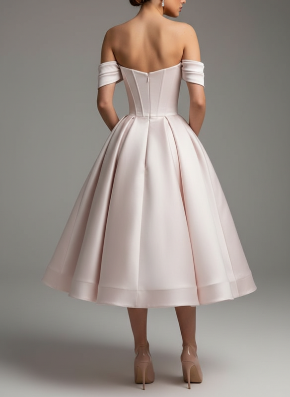 Off Shoulder Satin Tea Length Prom Dresses Sequins Pink Formal Graduation Evening Dresses