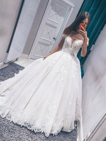 Off Shoulder White Tulle Lace Appliques Wedding Dresses Long