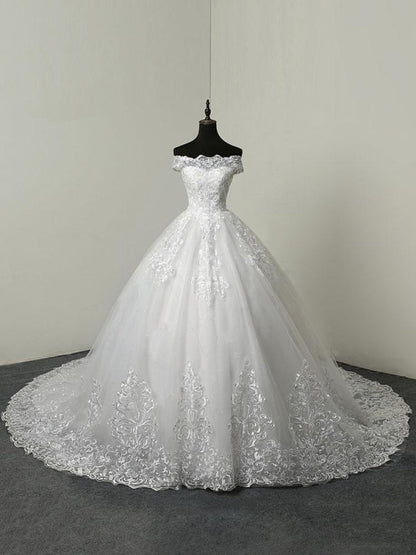 Off The Shoulder Ball Gown Wedding Dresses Short Sleeve Lace Applique Tulle Bridal Dress