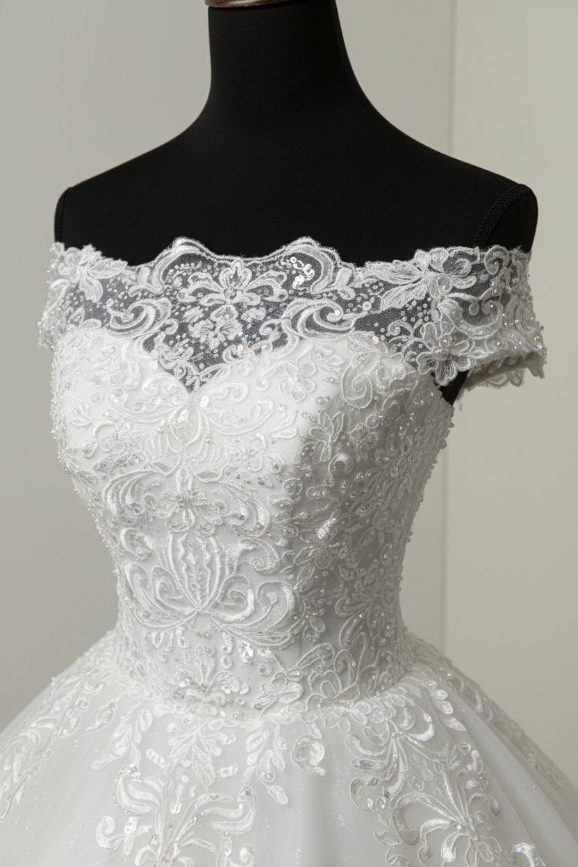 Off The Shoulder Ball Gown Wedding Dresses Short Sleeve Lace Applique Tulle Bridal Dress