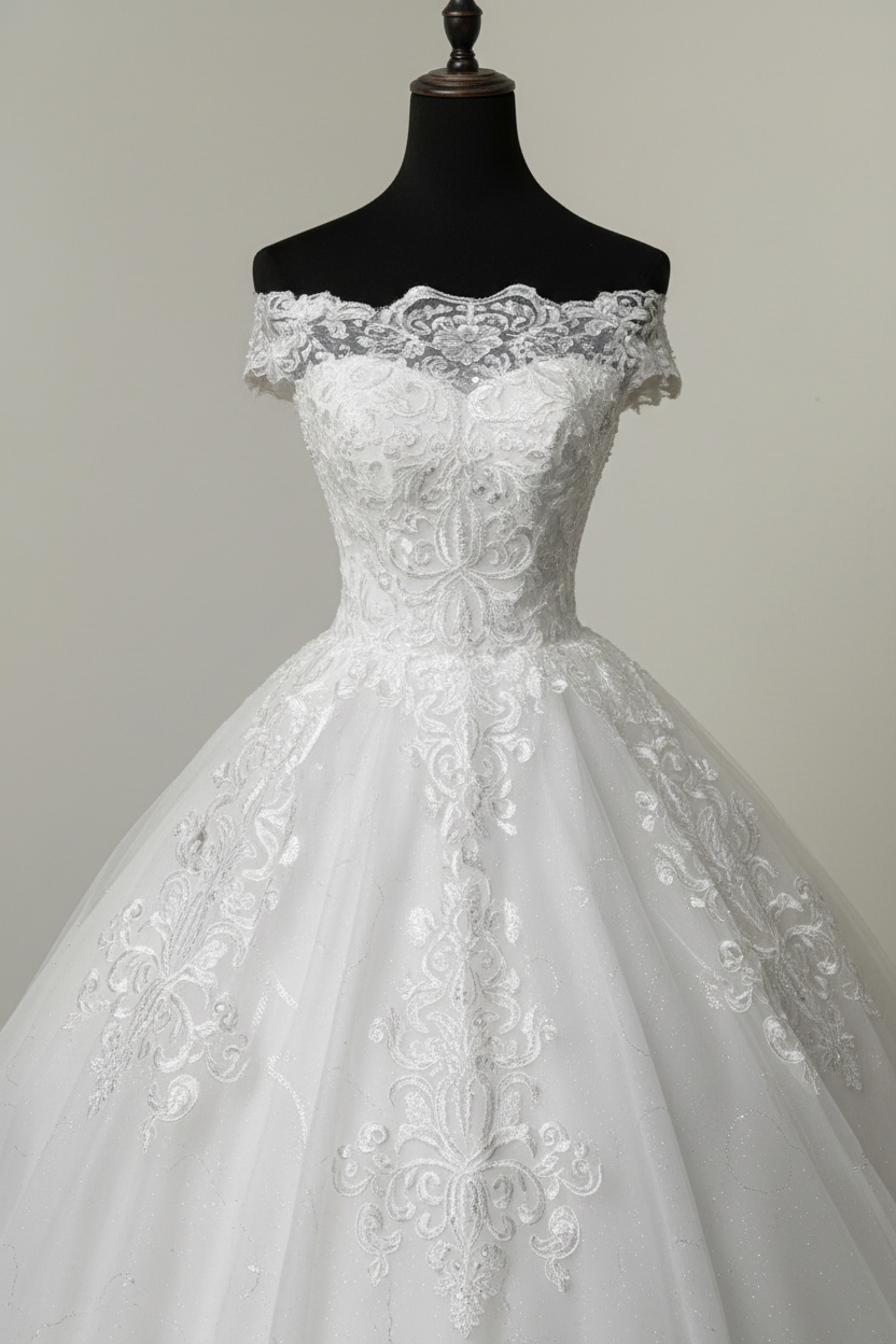 Off The Shoulder Ball Gown Wedding Dresses Short Sleeve Lace Applique Tulle Bridal Dress