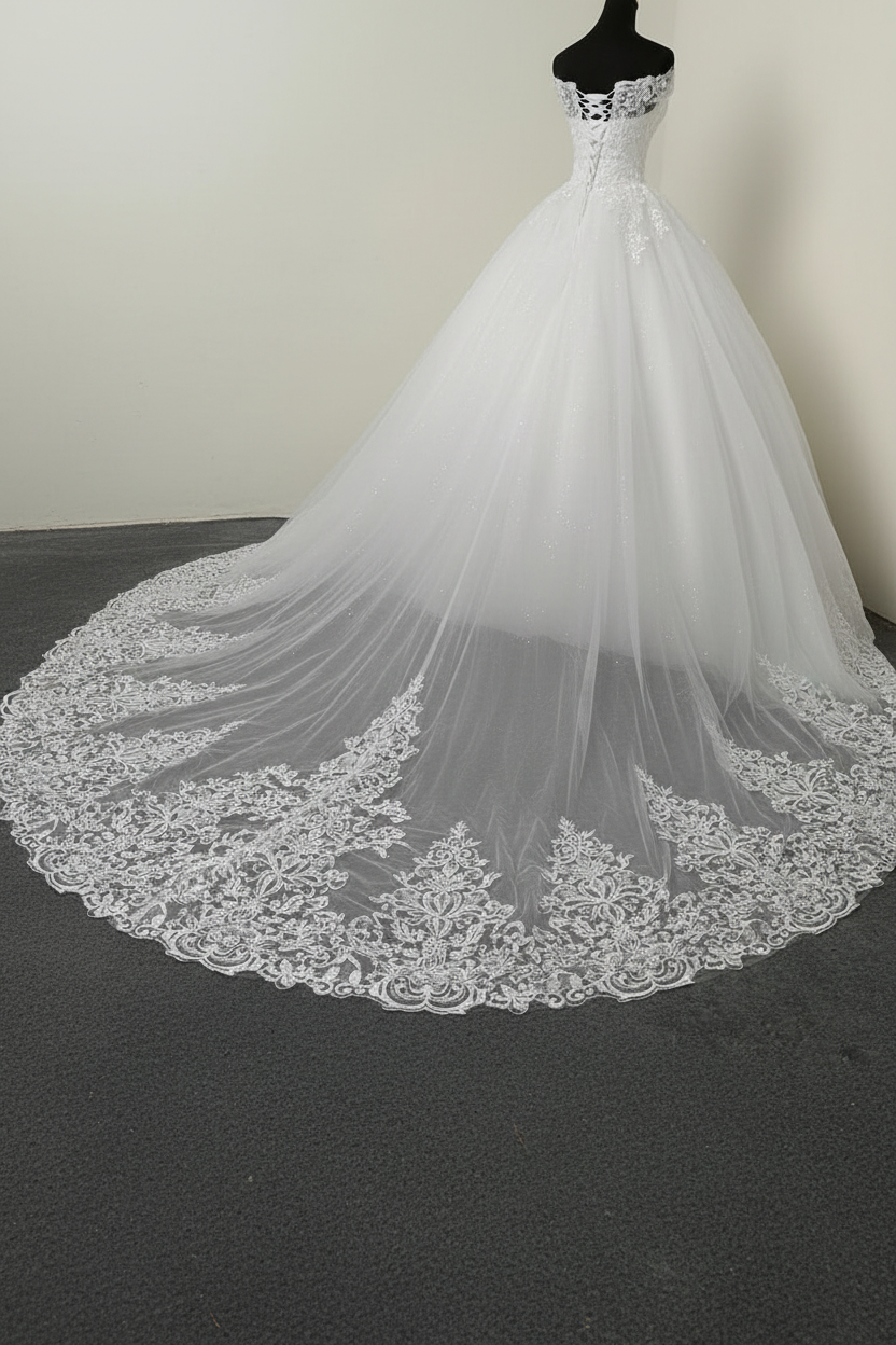 Off The Shoulder Ball Gown Wedding Dresses Short Sleeve Lace Applique Tulle Bridal Dress