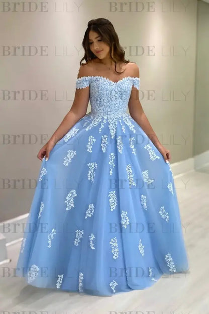 Off-the-Shoulder Blue Tulle Aline Mother of the Bride Dress with Lace Appliques