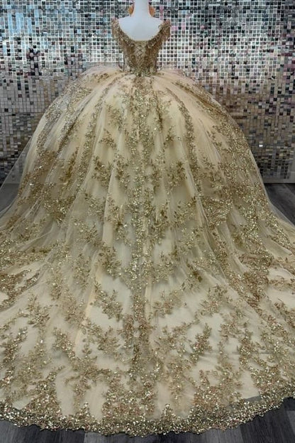 Off-the-Shoulder Court Train Quinceanera Dresses Champagne Tulle Ball Gown with Appliques