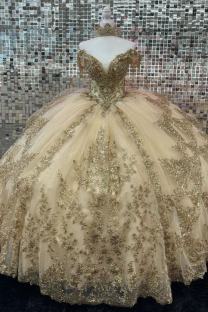 Off-the-Shoulder Court Train Quinceanera Dresses Champagne Tulle Ball Gown with Appliques
