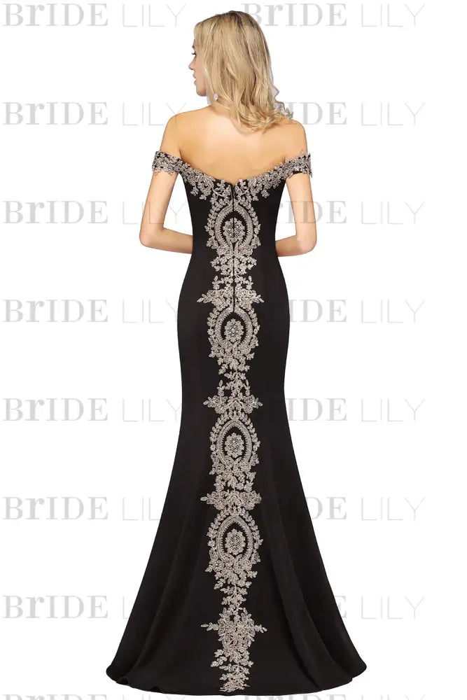 Off-the-Shoulder Formal Gown Gold Lace Applique Floor Length Mermaid Evening Dress