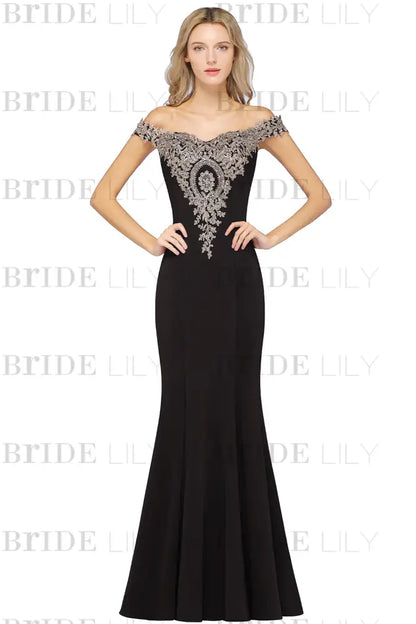 Off-the-Shoulder Formal Gown Gold Lace Applique Floor Length Mermaid Evening Dress
