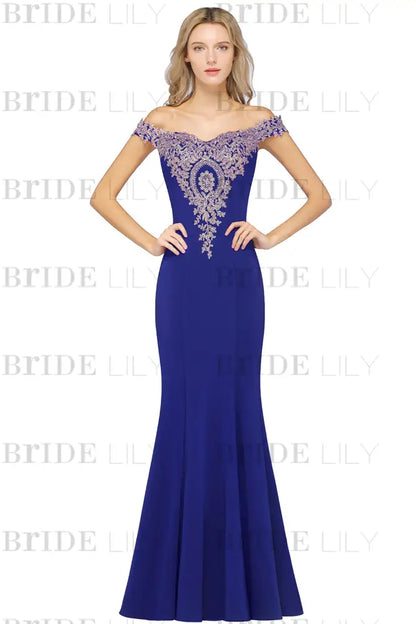 Off-the-Shoulder Formal Gown Gold Lace Applique Floor Length Mermaid Evening Dress
