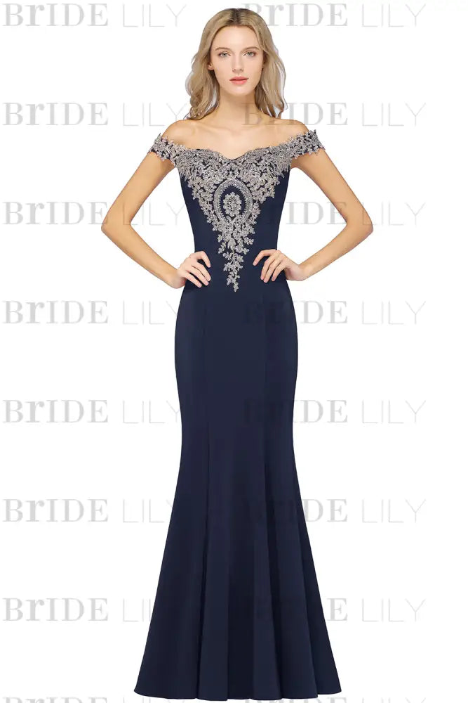 Off-the-Shoulder Formal Gown Gold Lace Applique Floor Length Mermaid Evening Dress