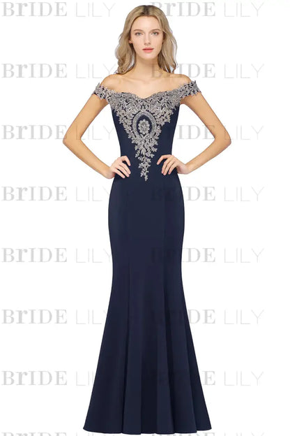 Off-the-Shoulder Formal Gown Gold Lace Applique Floor Length Mermaid Evening Dress