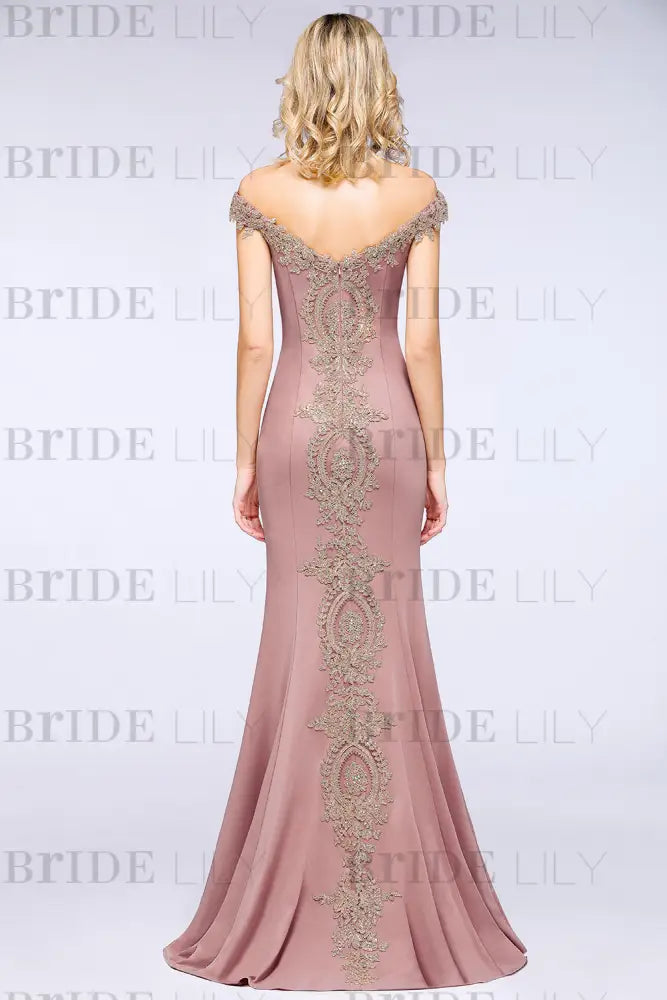 Off-the-Shoulder Formal Gown Gold Lace Applique Floor Length Mermaid Evening Dress