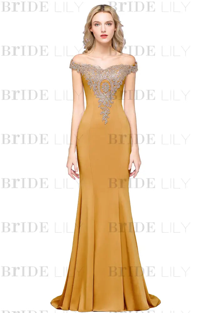 Off-the-Shoulder Formal Gown Gold Lace Applique Floor Length Mermaid Evening Dress
