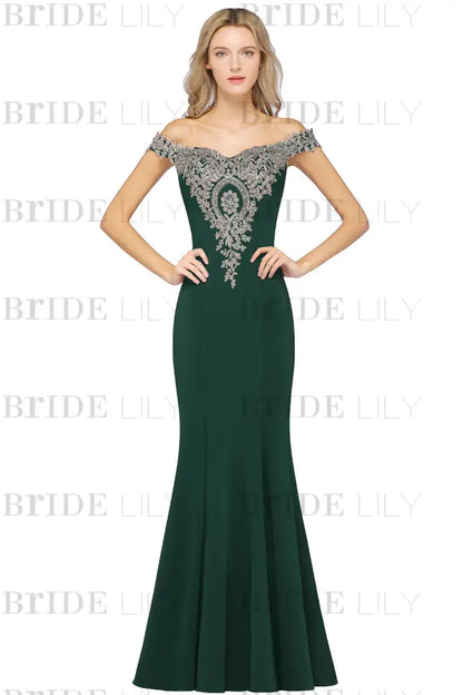 Off-the-Shoulder Formal Gown Gold Lace Applique Floor Length Mermaid Evening Dress