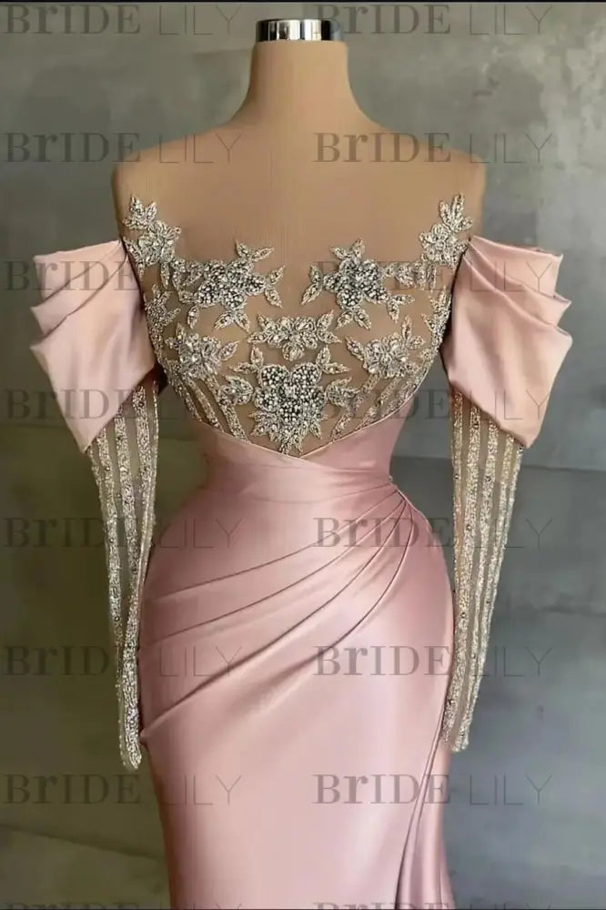Off-The-Shoulder Front Split Mermaid Long Sleeves Prom Dress Pink With Beadings and Appliques