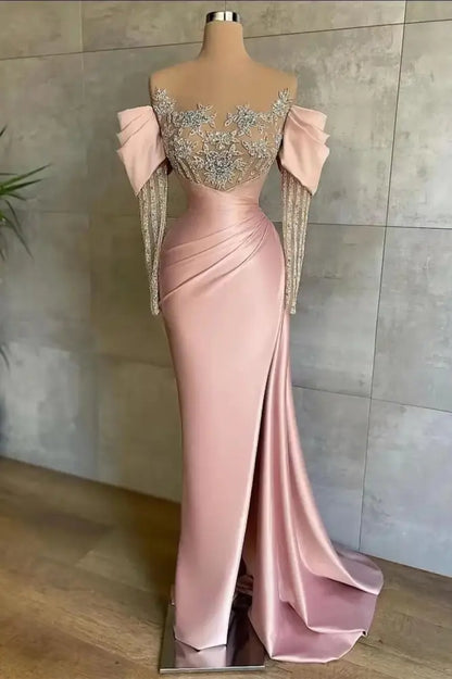 Off-The-Shoulder Front Split Mermaid Long Sleeves Prom Dress Pink With Beadings and Appliques