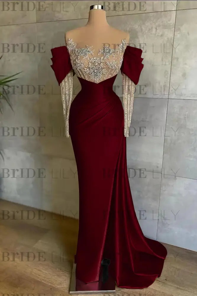 Off-The-Shoulder Front Split Mermaid Long Sleeves Prom Dress Pink With Beadings and Appliques