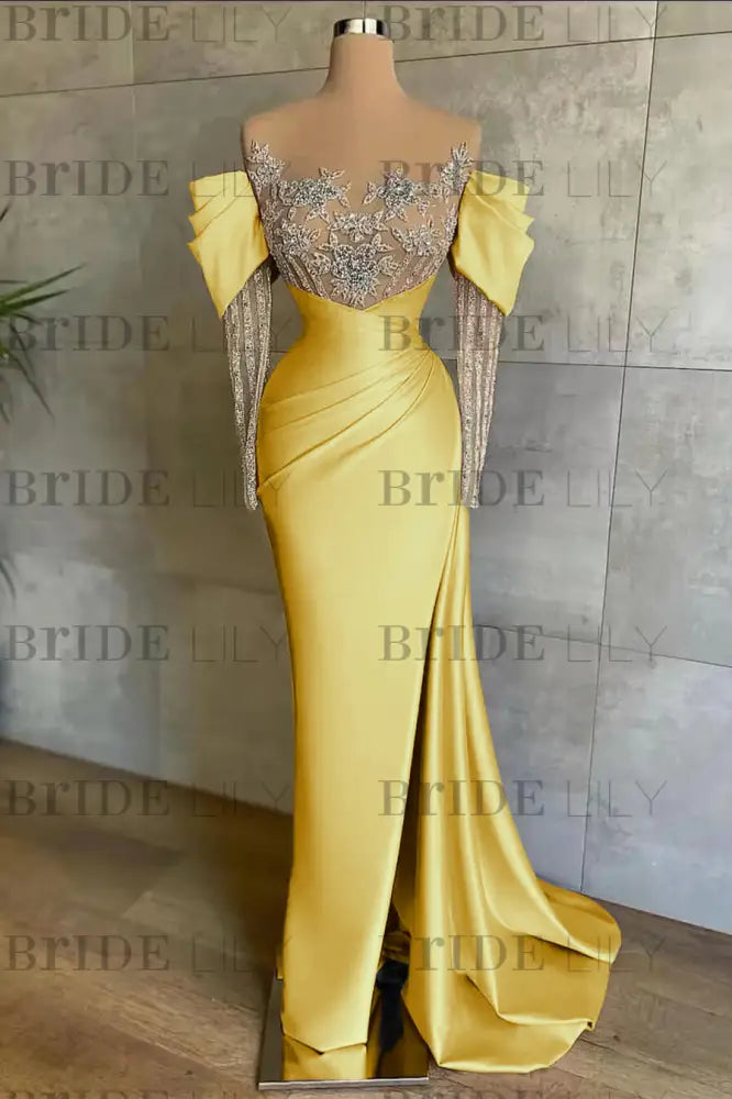 Off-The-Shoulder Front Split Mermaid Long Sleeves Prom Dress Pink With Beadings and Appliques