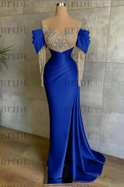 Off-The-Shoulder Front Split Mermaid Long Sleeves Prom Dress Pink With Beadings and Appliques