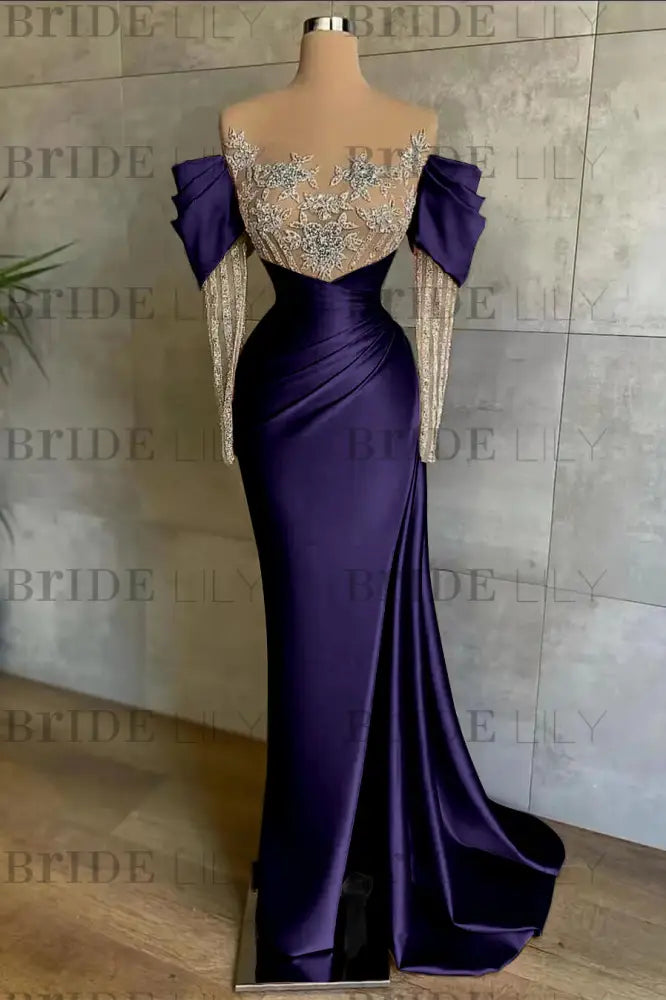Off-The-Shoulder Front Split Mermaid Long Sleeves Prom Dress Pink With Beadings and Appliques
