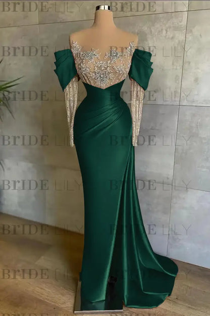 Off-The-Shoulder Front Split Mermaid Long Sleeves Prom Dress Pink With Beadings and Appliques