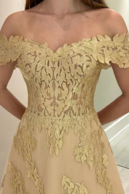 Off-the-Shoulder Gold Aline Wedding Guest Dress Tulle Evening Dress