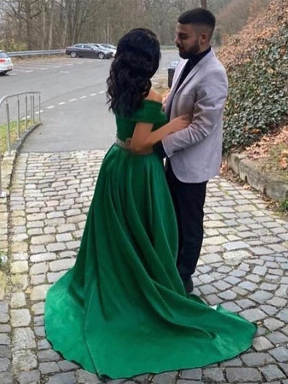 Off the Shoulder Green Satin Long Prom Dresses with Belt, Off Shoulder Green Formal Graduation Evening Dresses