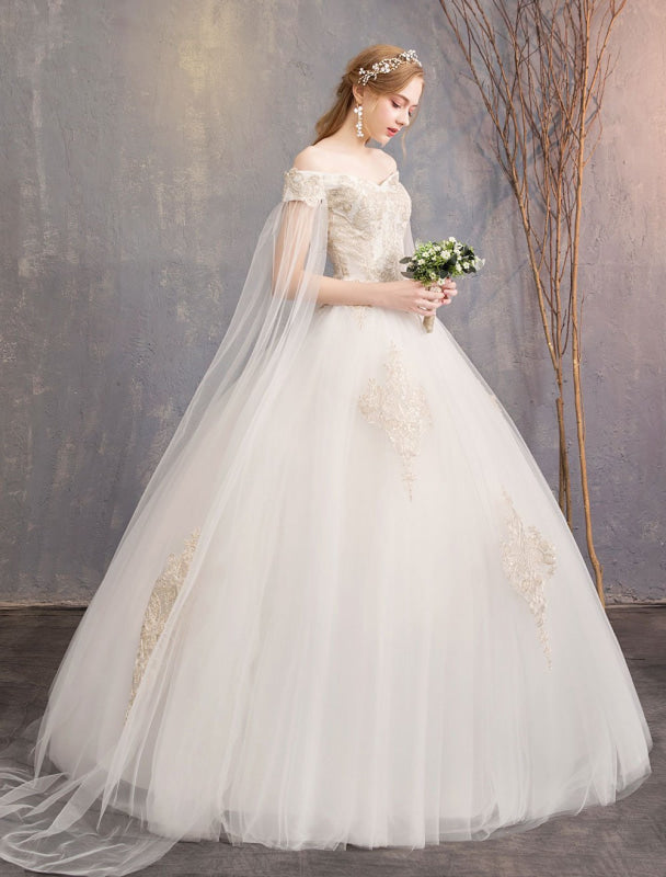 Off The Shoulder Lace Applique Princess Tulle Wedding Gown