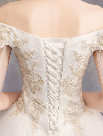 Off The Shoulder Lace Applique Princess Tulle Wedding Gown