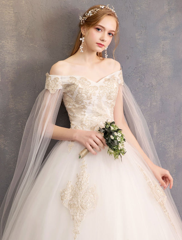 Off The Shoulder Lace Applique Princess Tulle Wedding Gown